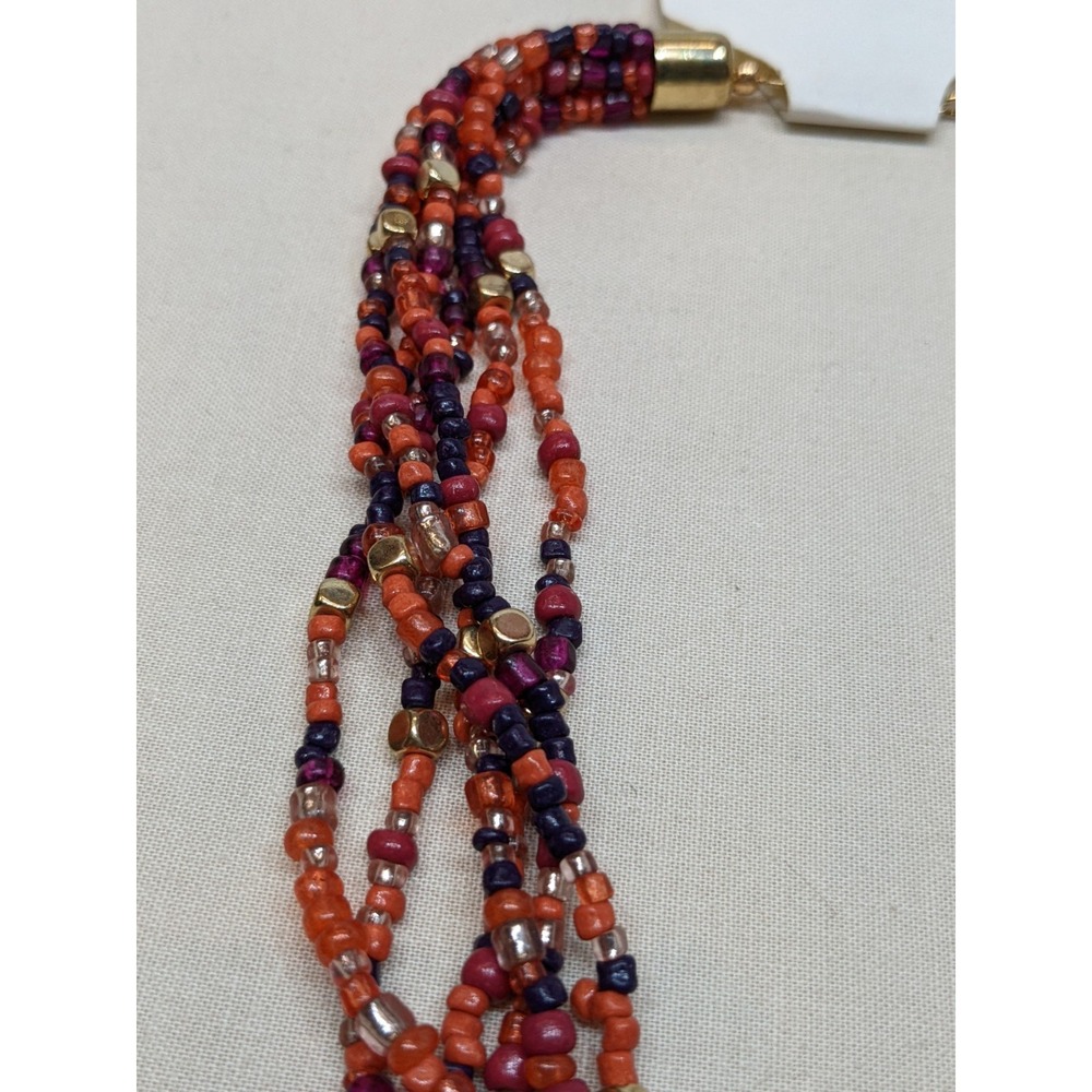 Bold Seed Bead Necklace Autumn Orange Purple Gold Tone Boho Ashley Cooper ~16" - Picture 3 of 6